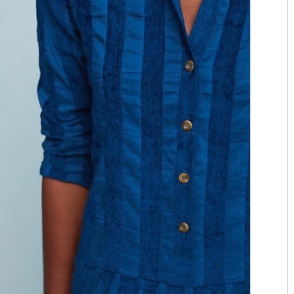 Anthropologie Odells Sonia Linen Striped Drop Waist  Dress in blue